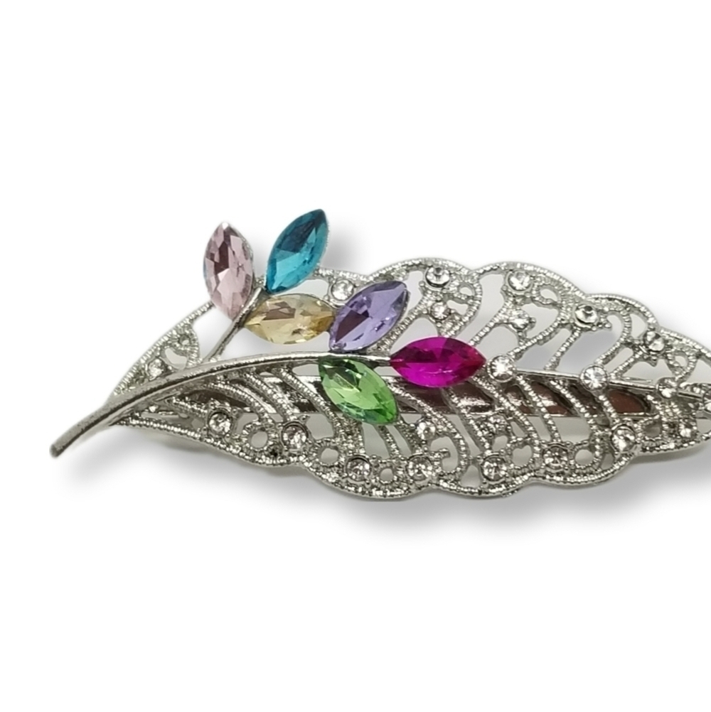 VINTAGE SILVERTONED LEAF & COLORFUL AUSTRIAN CRYSTAL MADE IN FRANCE HAIR CLIP